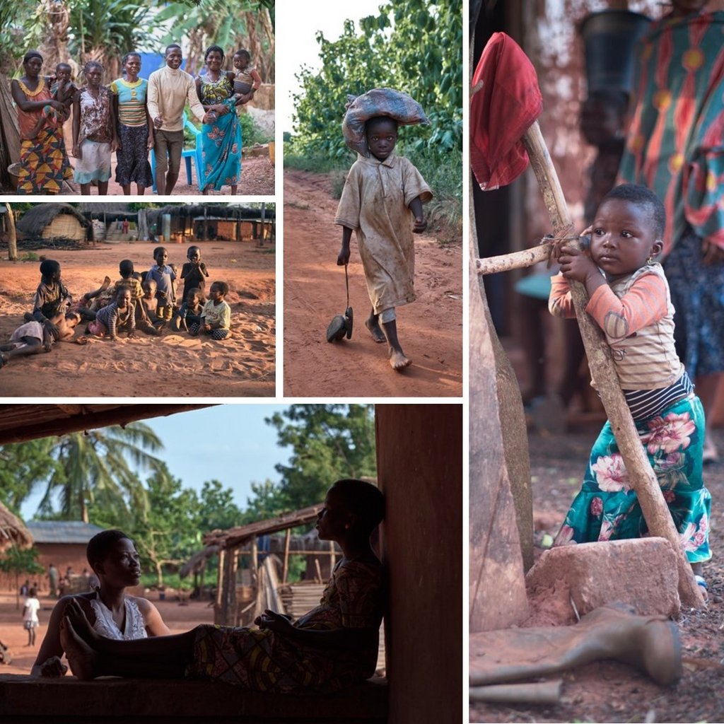 The collection of images illustrates what life in Donomadé, Togo looks like. We can see people of all ages engaging in different activities that involve farming.