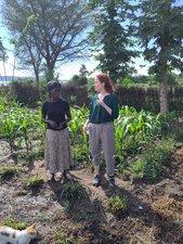 Push-pull systems use repellent stimuli from intercrops ("push") to repel herbivores and attract their predators and parasitoids, and attracting stimuli from border plants ("pull") to lead herbivorous insects out of the crop. In this picture, farmer Roskhadir Okich and Daria Odermatt are standing in front of a push-pull field. 